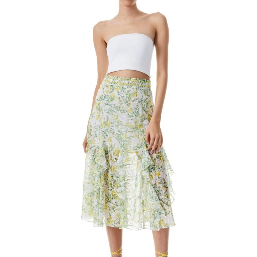 Alice + Olivia Jocelyn Godet Midi Skirt in Sun Ditsy off White Size 12 - Picture 2 of 8